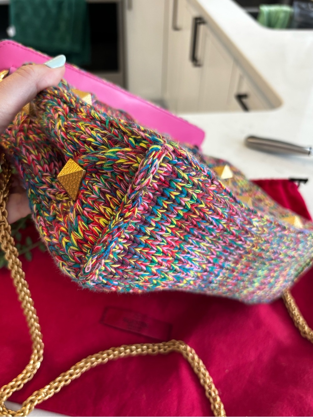 Valentino Multicolor Knit Shoulder Bag with Pink Top Handle and Gold Hardware - Picture 8 of 9